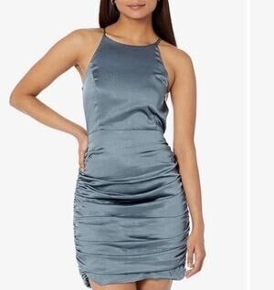 Line & Dot Satin Ruched Mini Dress Steel Blue Open Back Size M NWT